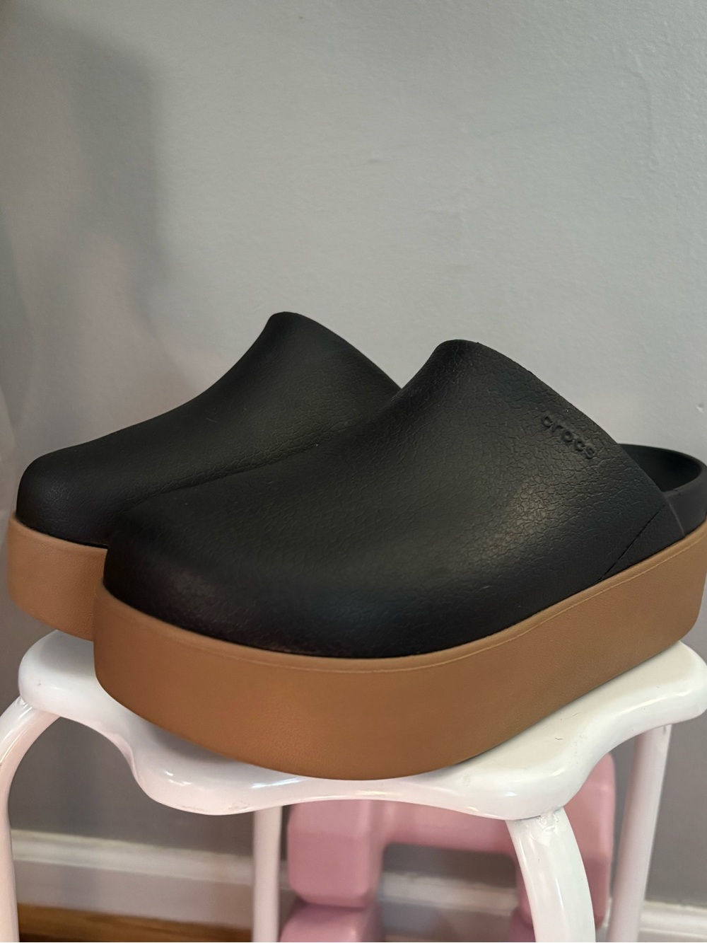 CROCS Black Upper Tan Platform Clogs